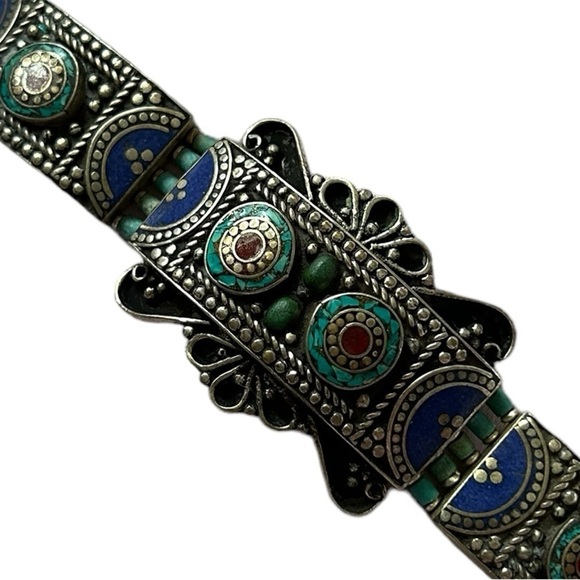 NEW Handmade Tibetan Silver with Genuine Lapis, Turquoise & Coral Bracelet. - Picture 5 of 8